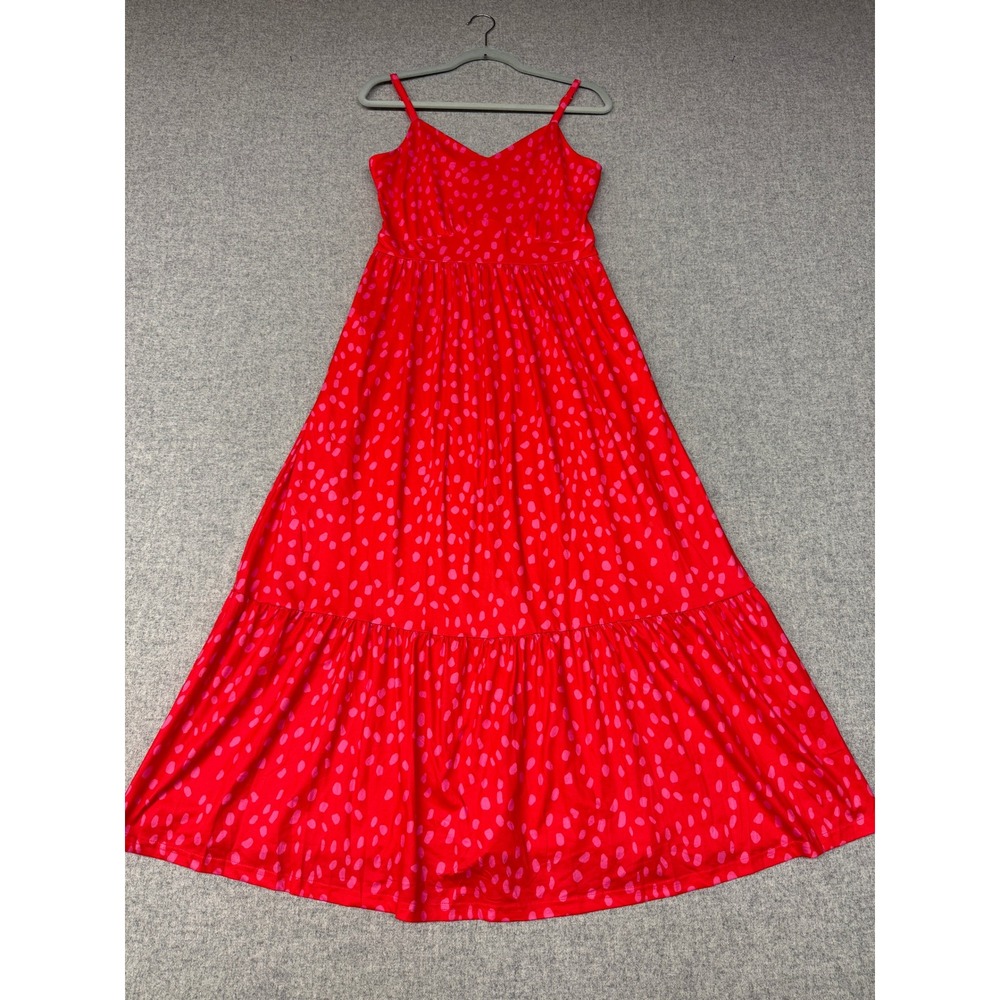 Zattcas Maxi Dress Medium Red Pink Polka Dot V-Neck Adjustable Strap Tiered Boho